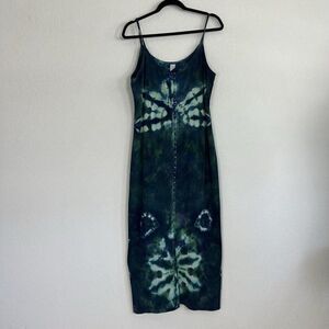 Vintage Women’s Blue Tie Dye Hippie Summer Maxi Ribbed Knit Dress Stretchy Lrg